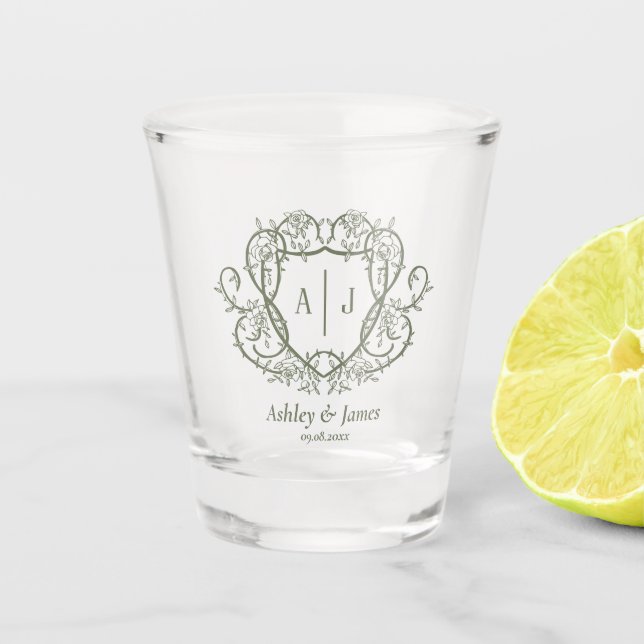 Rambling Rose Garden Monogram Crest Wedding Shot Glass (Front)