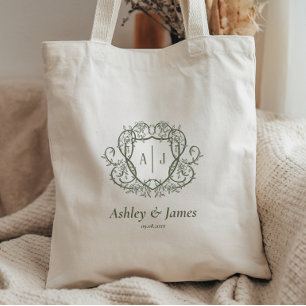 Rambling Rose Garden Monogram Crest Wedding Tote Bag
