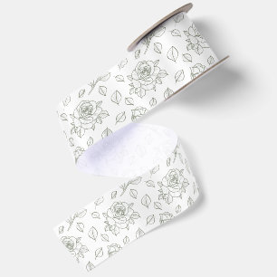 Rambling Rose Sage Green Hand Drawn Satin Ribbon