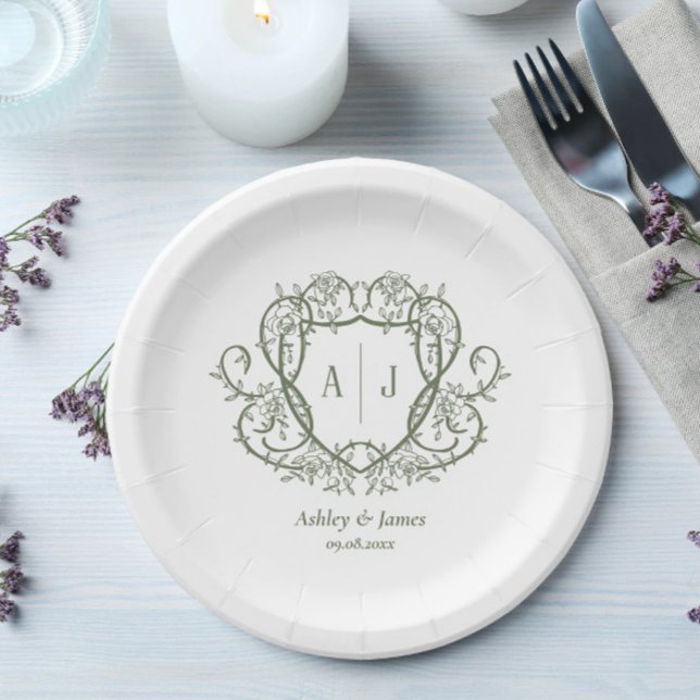 Rambling Rose Sage Monogram Crest Wedding Paper Plate (Creator Uploaded)