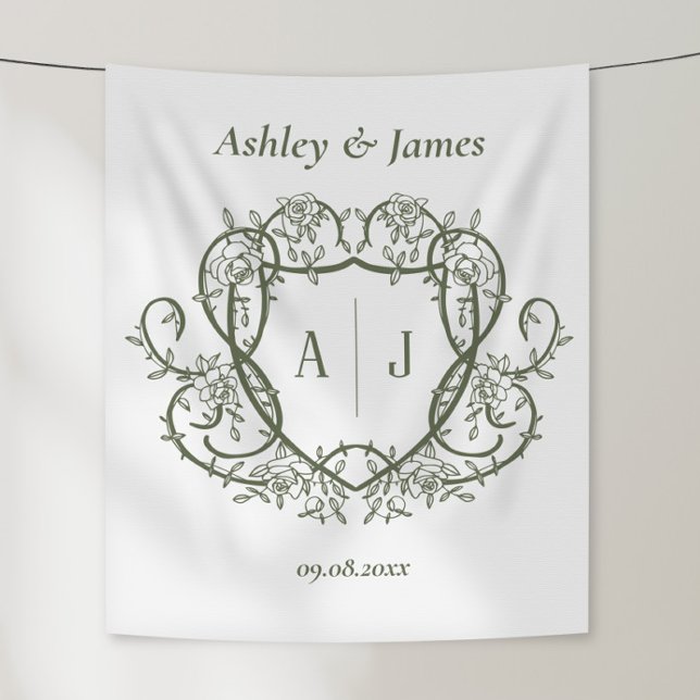 Rambling Rose Sage Monogram Crest Wedding Tapestry (Creator Uploaded)