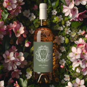 Rambling Rose Sage Monogram Crest Wedding Wine Label