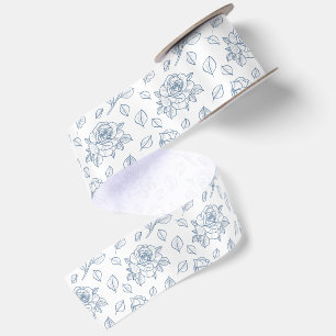 Rambling Rose Steel Blue Floral Hand Drawn Satin Ribbon