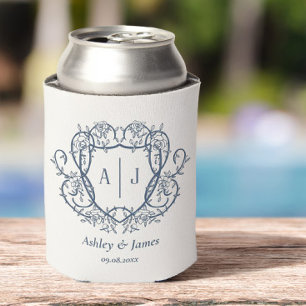 Rambling Rose Steel Blue Monogram Crest Wedding Can Cooler
