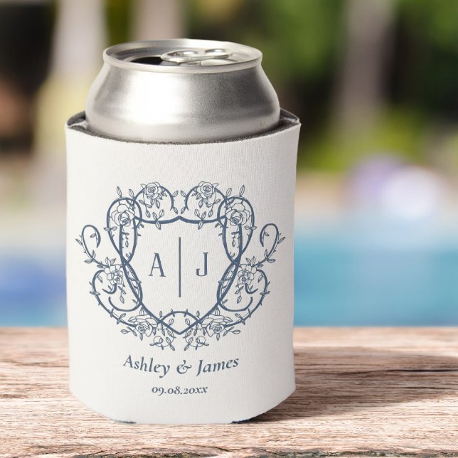 Rambling Rose Steel Blue Monogram Crest Wedding Can Cooler (Creator Uploaded)