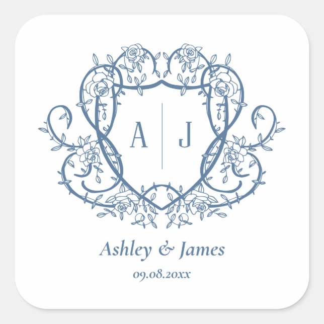 Rambling Rose Steel Blue Monogram Crest Wedding Square Sticker (Front)