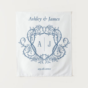 Rambling Rose Steel Blue Monogram Crest Wedding Tapestry