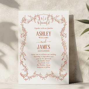 Rambling Rose Terracotta Monogram Crest Wedding Invitation