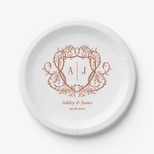 Rambling Rose Terracotta Monogram Crest Wedding Paper Plate