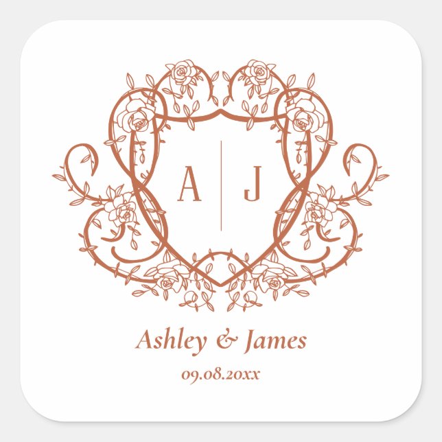 Rambling Rose Terracotta Monogram Crest Wedding Square Sticker (Front)