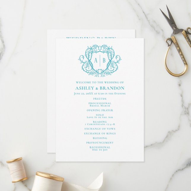 Rambling Rose Turquoise Crest Monogram Wedding Programme (Front/Back In Situ)