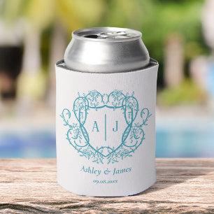Rambling Rose Turquoise Monogram Crest Wedding Can Cooler