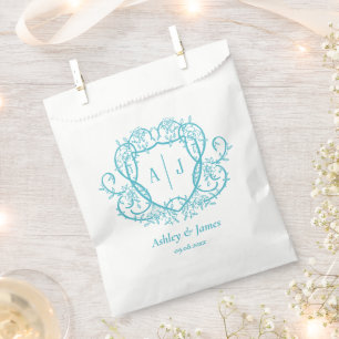 Rambling Rose Turquoise Monogram Crest Wedding Favour Bags