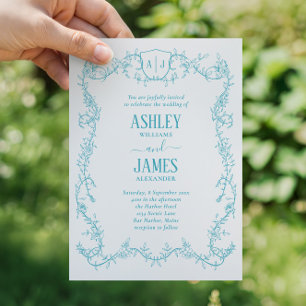 Rambling Rose Turquoise Monogram Crest Wedding Invitation