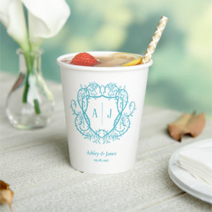 Rambling Rose Turquoise Monogram Crest Wedding Paper Cups