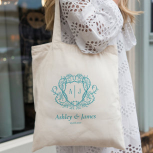 Rambling Rose Turquoise Monogram Crest Wedding Tote Bag