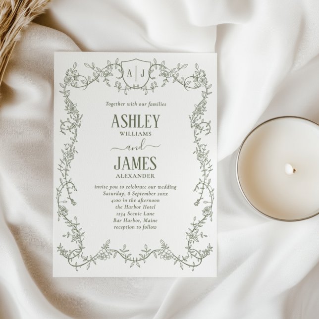 Rambling Rose Vine Sage Monogram Crest Wedding Invitation (Creator Uploaded)