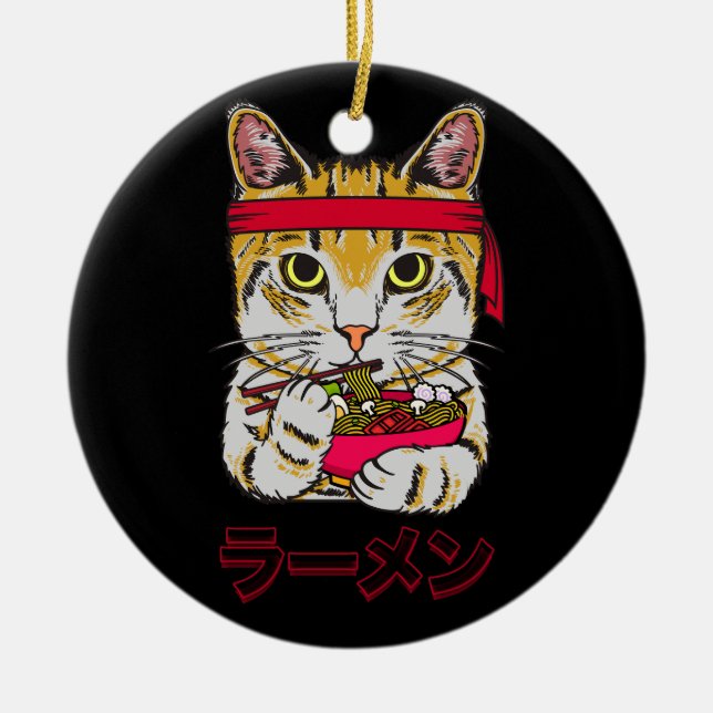 Ramen Cat Japanese Food Anime Kawaii Graphic Art J Ceramic Tree Decoration (Front)
