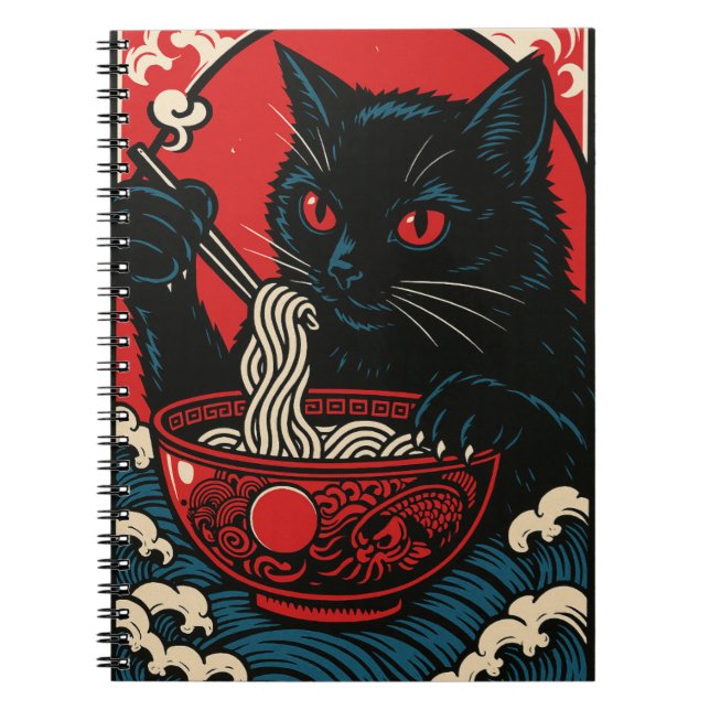 Ramen Cat Notebook Japanese Ukiyo-e Black CatAnime (Front)