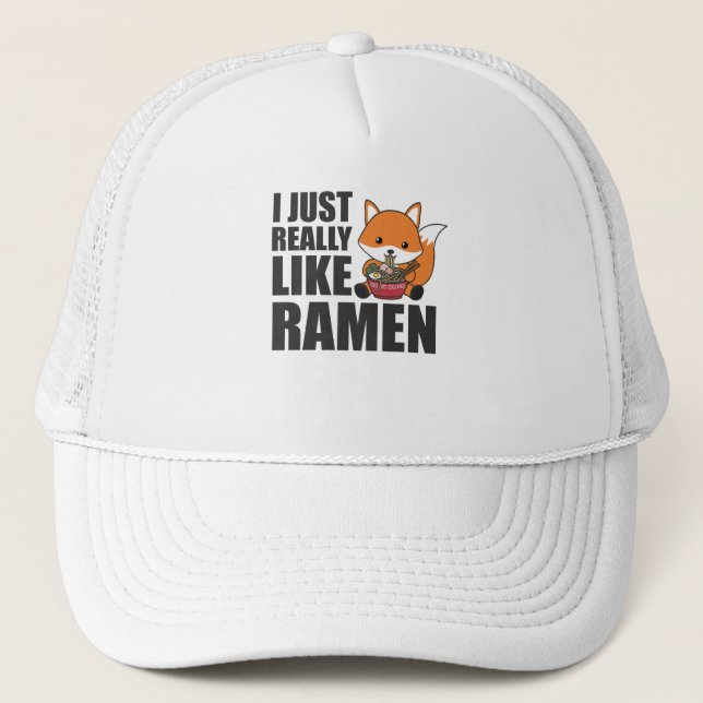 Ramen Japanese Noodle Cute Fox Eats Ramen Trucker Hat (Front)