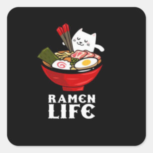 Ramen Life Cat Eat on Unisex Poly Cotton Square Sticker