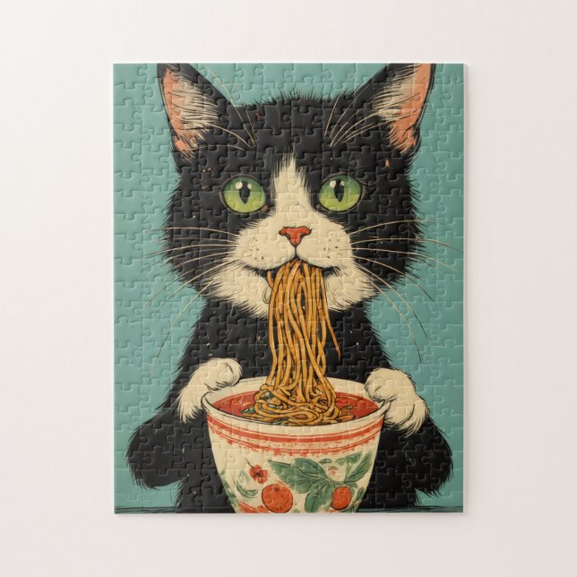 RAMEN NOODLES TUXEDO CAT JIGSAW PUZZLE (Vertical)