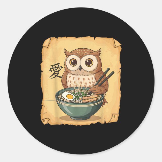 Ramen Owl Noodle Kawaii Lover Japanese Funny Graph Classic Round Sticker (Front)