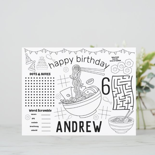 Ramen placemats, ramen birthday activity sheet (Standing Front)