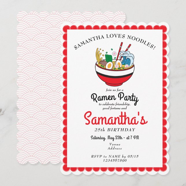 Ramen Red Japanese Miso Noodle Soup Birthday Party Invitation (Front/Back)