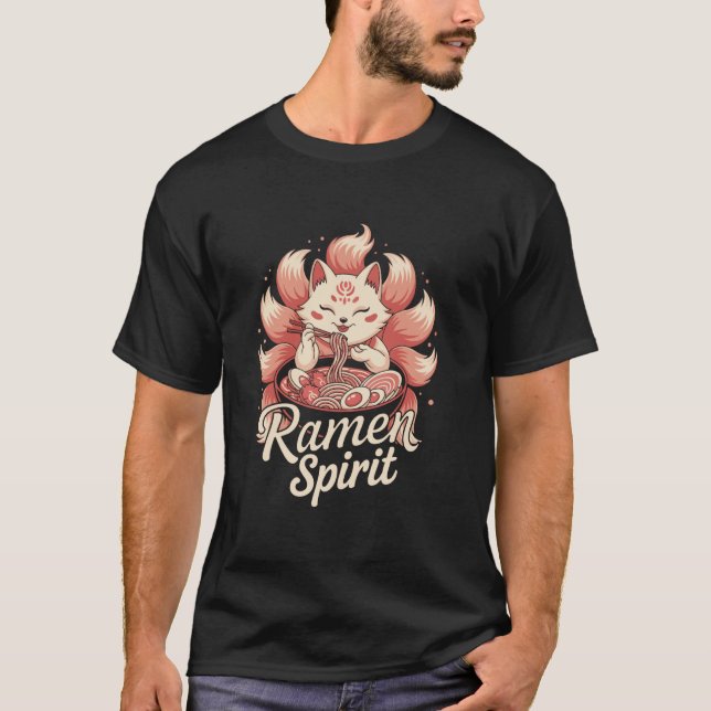 Ramen Spirit Kitsune Fox Eating Noodles Cute Art T-Shirt (Front)