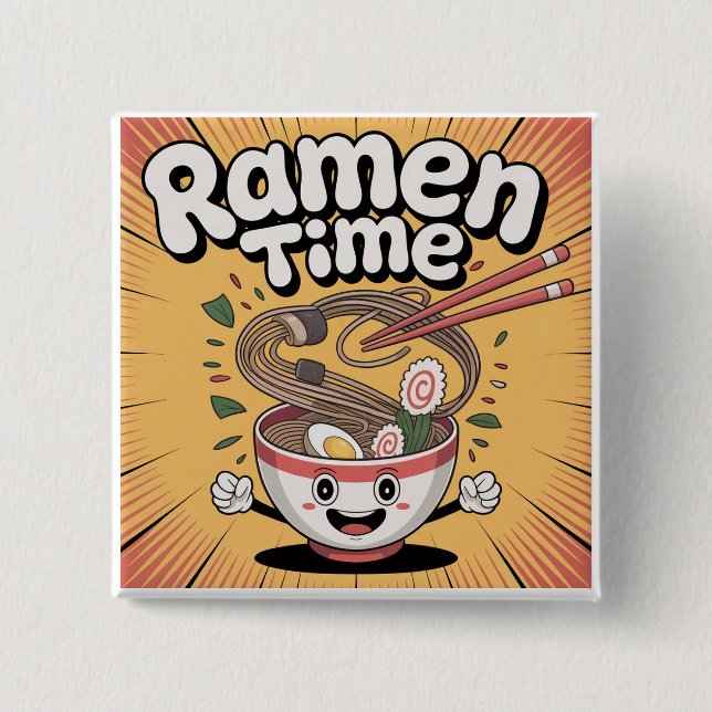 Ramen Time – Cute Cartoon Ramen Bowl 15 Cm Square Badge (Front)