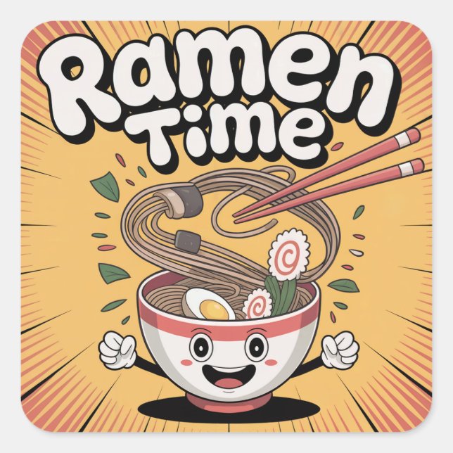 Ramen Time – Cute Cartoon Ramen Bowl Square Sticker (Front)