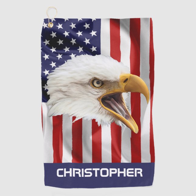 Rampant Eagle, The American Flag, Patriotic Golf Towel (Front)