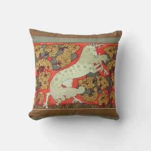 RAMPANT WHITE HORSE,TREES IN WOODLAND Art Nouveau Cushion