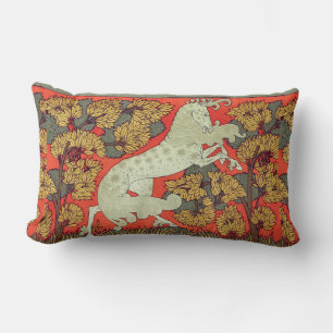 RAMPANT WHITE HORSE,TREES IN WOODLAND Art Nouveau Lumbar Cushion