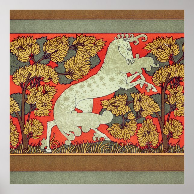 RAMPANT WHITE HORSE,TREES IN WOODLAND Art Nouveau  Poster (Front)