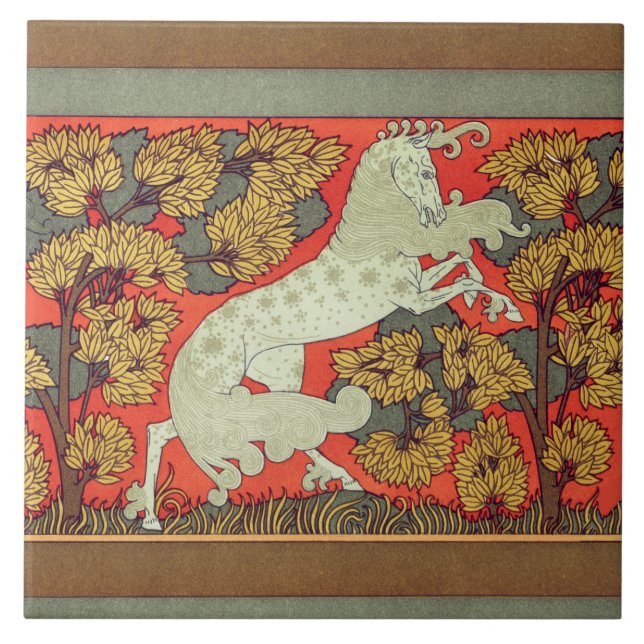 RAMPANT WHITE HORSE,TREES IN WOODLAND Art Nouveau Tile (Front)