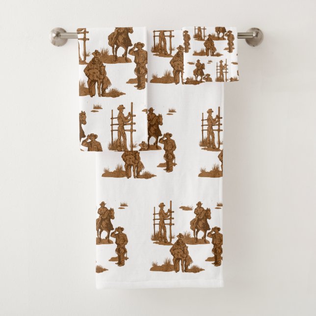 Ranch Cowboys Horse Calf Fence  Bath Towel Set (Insitu)