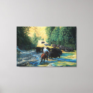 Ranch horse and Angus cattle herd drive and river Canvas Print