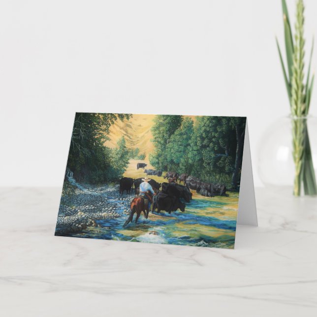 Ranch horse and Angus cattle herd drive and river Card (Front)