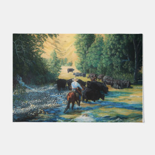 Ranch horse and Angus cattle herd drive and river Doormat