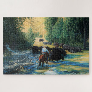 Ranch horse and Angus cattle herd drive and river Jigsaw Puzzle