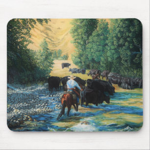 Ranch horse and Angus cattle herd drive and river Mouse Mat