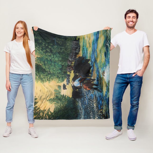 Ranch horse,Angus cattle herd at river- cartooned Fleece Blanket (In Situ)