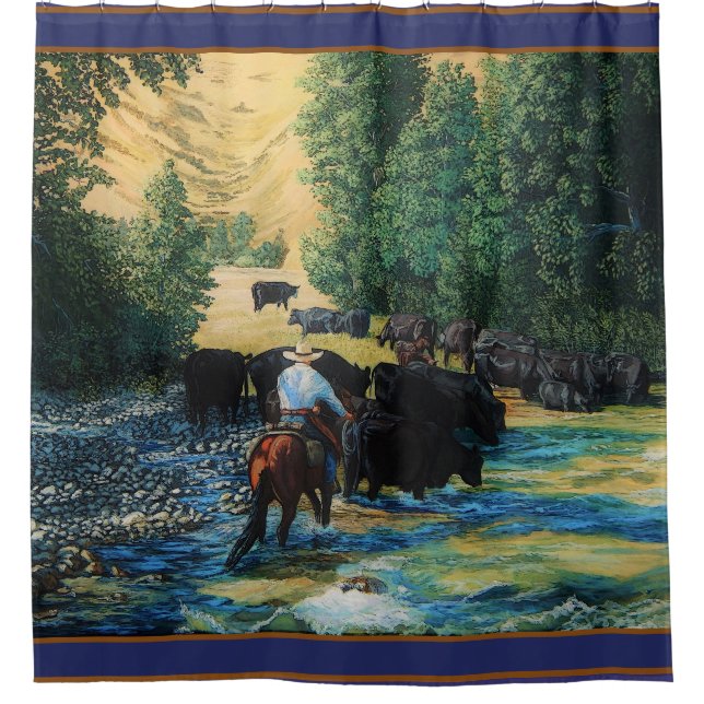 Ranch horse,Angus cattle herd at river - cartooned Shower Curtain (Front)