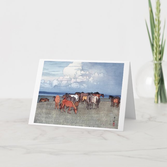 Ranch Horses, Hiroshi Yoshida, Woodcut Card (Front)