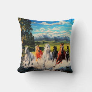 Ranch horses run through river landscape painting cushion