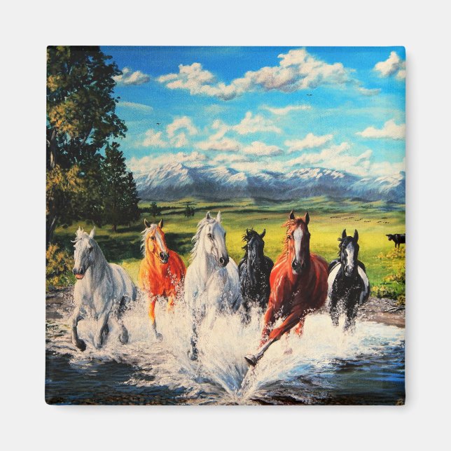 Ranch horses run through river landscape painting magnet (Front)