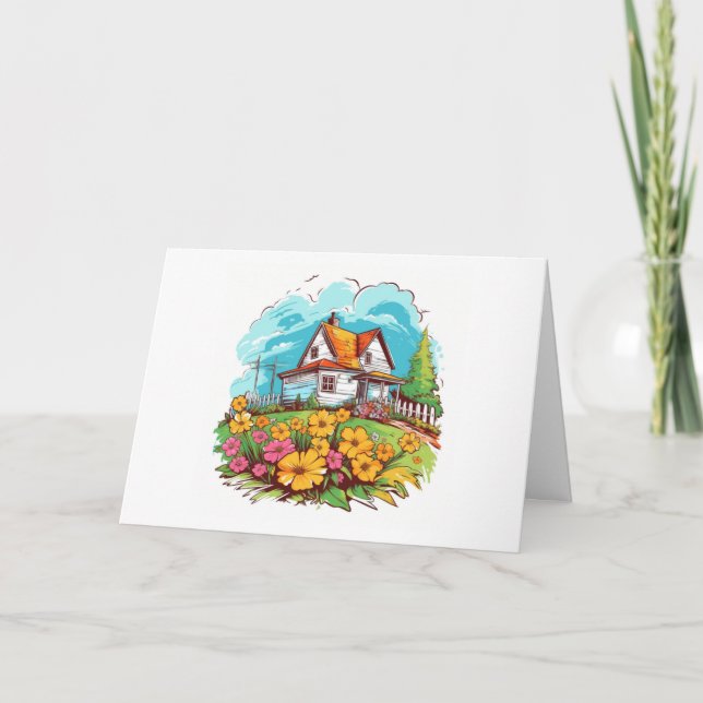 Ranch House with Summer Flowers Blank Note Card (Front)