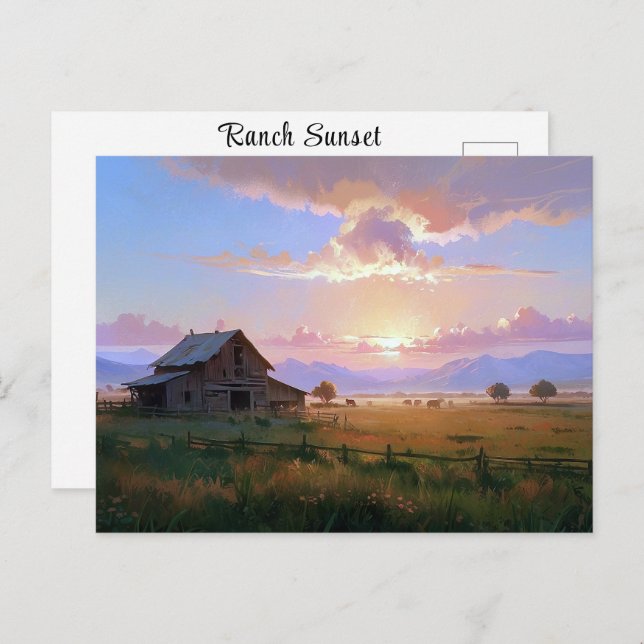 Ranch Sunset Sunrise Painting Abandoned Old Farm Postcard (Front/Back)